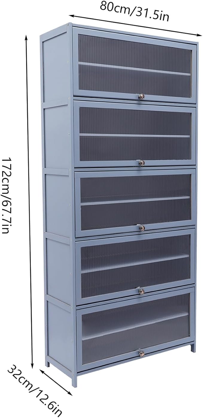 Tall Bamboo Shoe Cabinet with Doors, 10 Tier Large Capacity Shoe Rack Organizer, Narrow Freestanding Storage Shelf for Entryway, Hallway & Closet, Holds 40-45 Pairs (Grayish Blue)