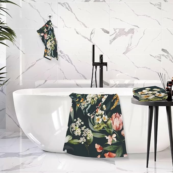 Orange White Floral Bath Towel Set - 3 Piece Vintage Green Leave Flower Set (1 Bath, 1 Hand, 1 Washcloth) - Absorbent Decorative Bathroom Towels for Fingertip, Hair, Face
