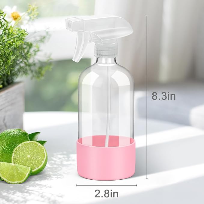 Glass Spray Bottles with Silicone Sleeve Protection, Empty 16 oz Refillable Containers, Reusable Spray Bottles for Hair, Cleaning Solutions, 3 Pack Grey&Pink&Purple