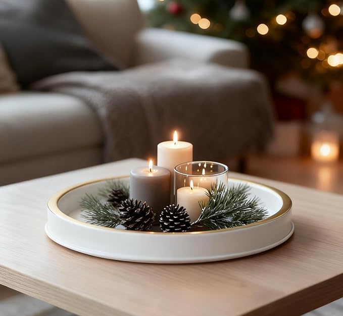 10" Small Gold and White Tray, Lightweight Metal Round Vanity Tray for Bathroom, Candle Holder for Living Room Decor