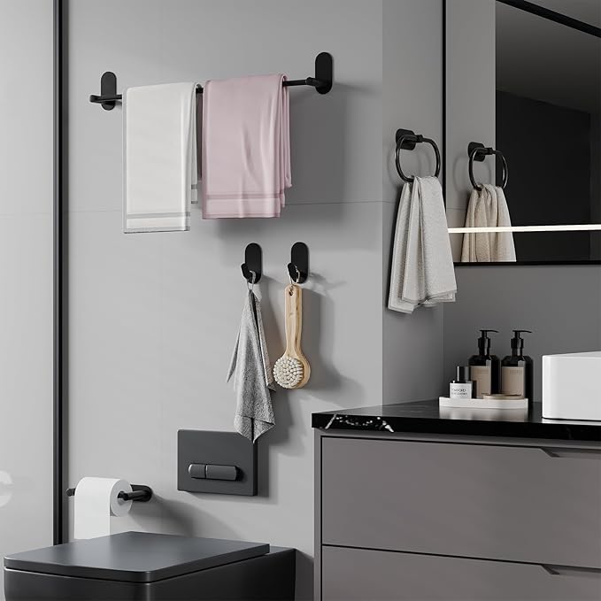 Adhesive Towel Hooks for Bathrooms 2 Pack Matte Black Stainless Steel and Zinc Alloy Sticky Wall Hooks for Hanging Heavy Duty Self Adhesive Robe Shower Hanger for Kitchen, Closet, Cabinet, Door