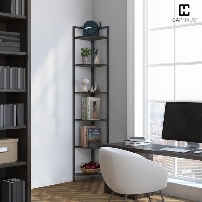 CAPHAUS 6-Tier Corner Shelf, 71.1-Inch Tall Corner Bookshelf with Metal Frame, Round Corner Display Rack, Tall Stand for Bathroom, Living Room, Home, Office, Black