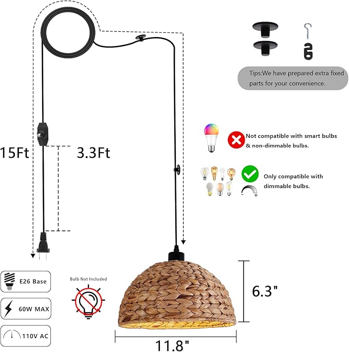 HuisMier Rattan Plug in Pendant Light with 15 Ft Plug in Cord, Hand Woven Lampshade Boho Hanging Lamp with Dimmable Switch, Farmhouse Rattan Pendant Light for Dining Room Bedroom Kitchen