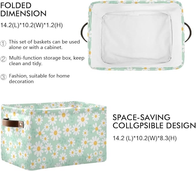 Daisy Flower Mint Green Rectangle Storage Basket Collapsible Storage Bin for Nursery Books Waterproof Baskets for Closet Shelves Bedroom Decor