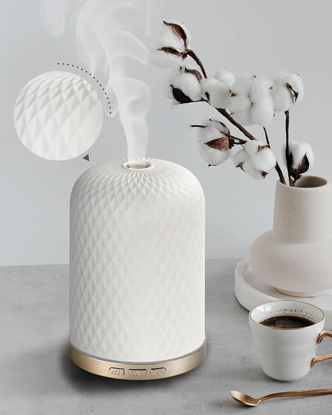 Essential Oil Diffuser - 2.4MHz Ultrasonic Ceramic Diffuser for Home, 120ml, Pulse&Continuous Mist, Bright/Dim/Breathing Lighting, Waterless Auto-Off, Aromatherapy Diffuser with USB Cable