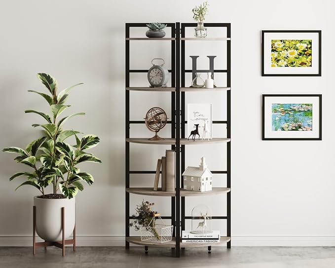 BON AUGURE Rustic Corner Shelf Stand, Tall Industrial Corner Bookshelf, Wood Metal 5 Tier Bookcase Shelves, Display Shelving Unit for Kitchen, Living Room (Dark Grey Oak)