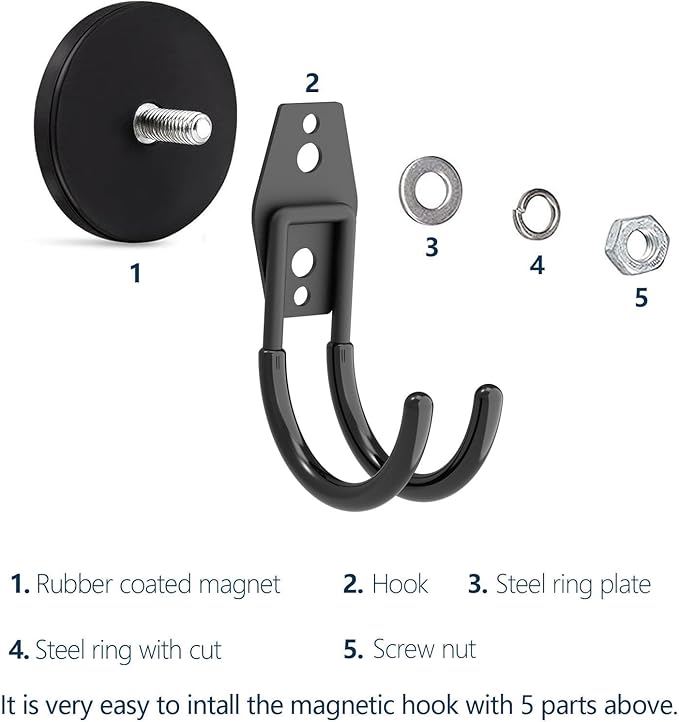 Heavy Duty Magnetic Hooks - Anti-Slide Garage Hanger, Magnetic Mounting for Garden Tools, Hose, Power Drill, Steel Pegboard, Workshop (8 Pack)