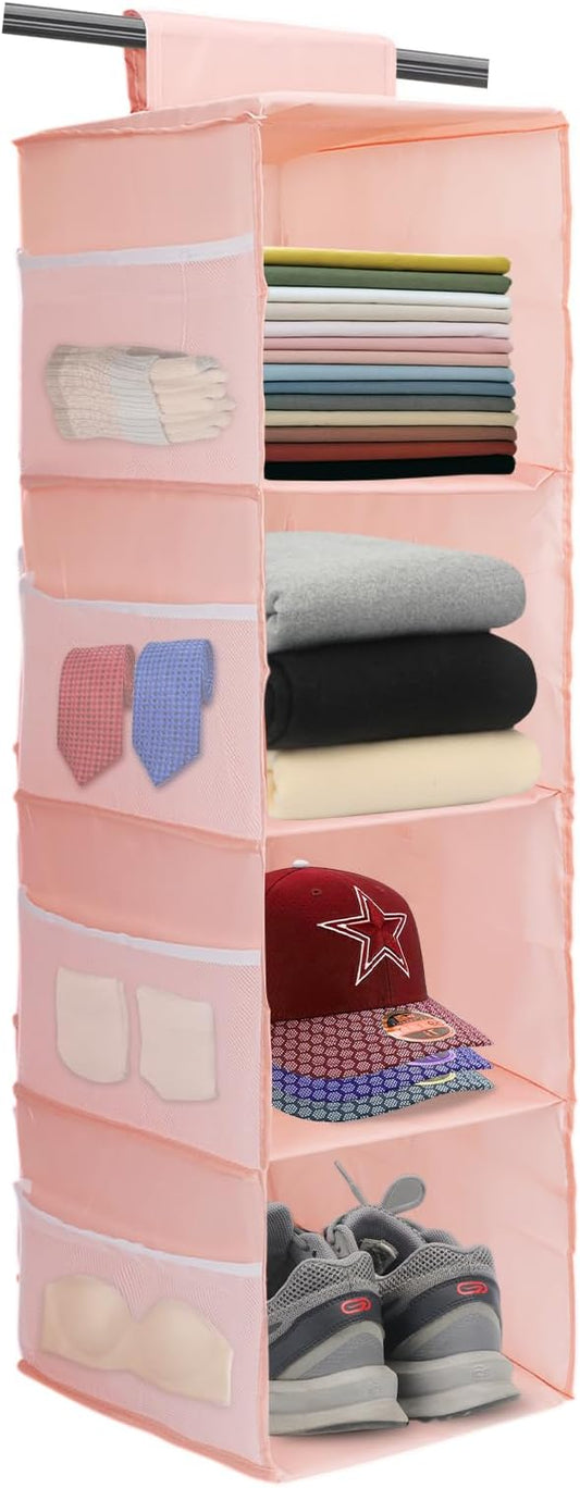 PetsHome 4-Shelf Hanging Closet Organizer, Space Saver, Closet Hanging Storage Shelves with Mesh Pockets & Magic Tap for Storage, Foldable-Pink