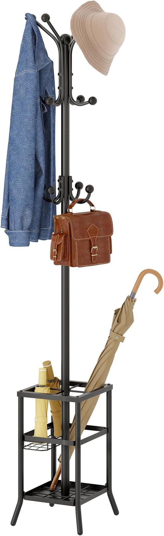 FAVOOSTY Coat Rack Freestanding,Coat Rack Stand with Umbrella Holder,Metal Coat Tree with 12 Hooks,Tree Clothes Hat for Entryway, Hallway, Bedroom, Living Room & Office -Black