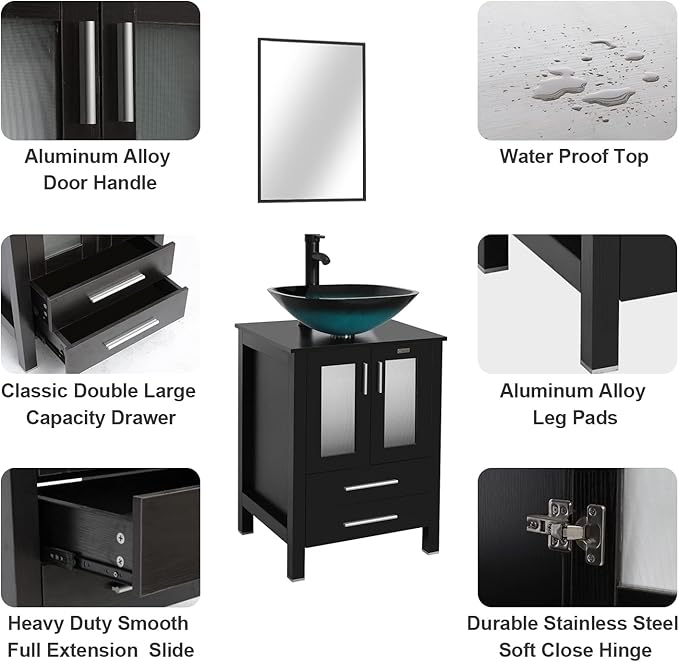 eclife 24" Modern Bathroom Vanity Sink Combo Freestanding Cabinet with Soft Closing Door, Turquoise Square Glass Vessel Sink, Water Save Faucet, Drain (Black+A10)