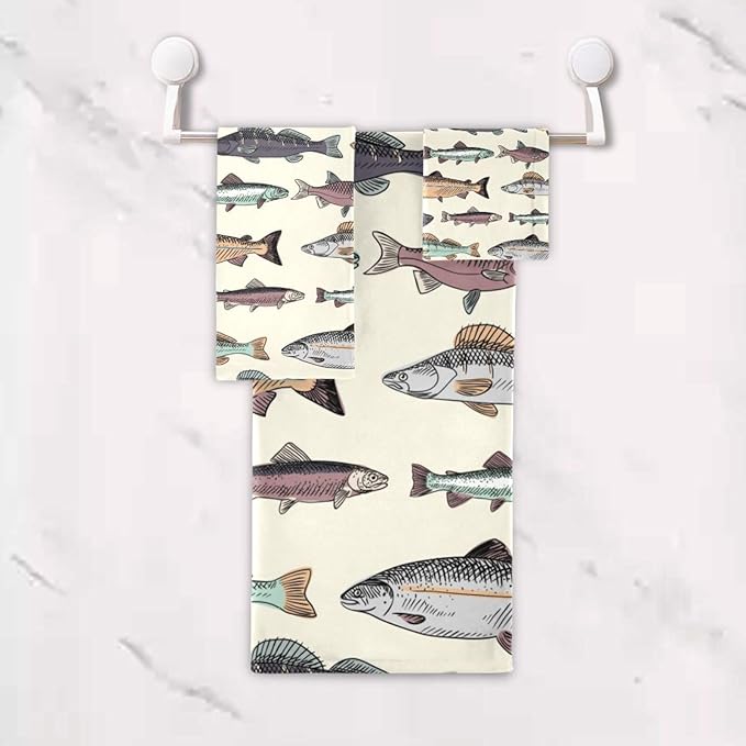 3 Piece Vintage Fishes Bath Towel Set,Microfiber Decorative Colorful Cartoon Carpet Lake Fish Animal Bathroom Towels,1 Bath Towel 1 Hand Towel for Bathroom Kitchen,1 Washcloth for Body Face