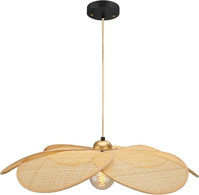 Bamboo Pendant Light Fixture, 24 Inch Flower Handwoven Rattan Lampshade 5”-34.5” Adjustable Height Hanging Lights, Boho Chandelier Ceiling Hanging Lamp for Living Room Kitchen Bedroom(Not Bulb)