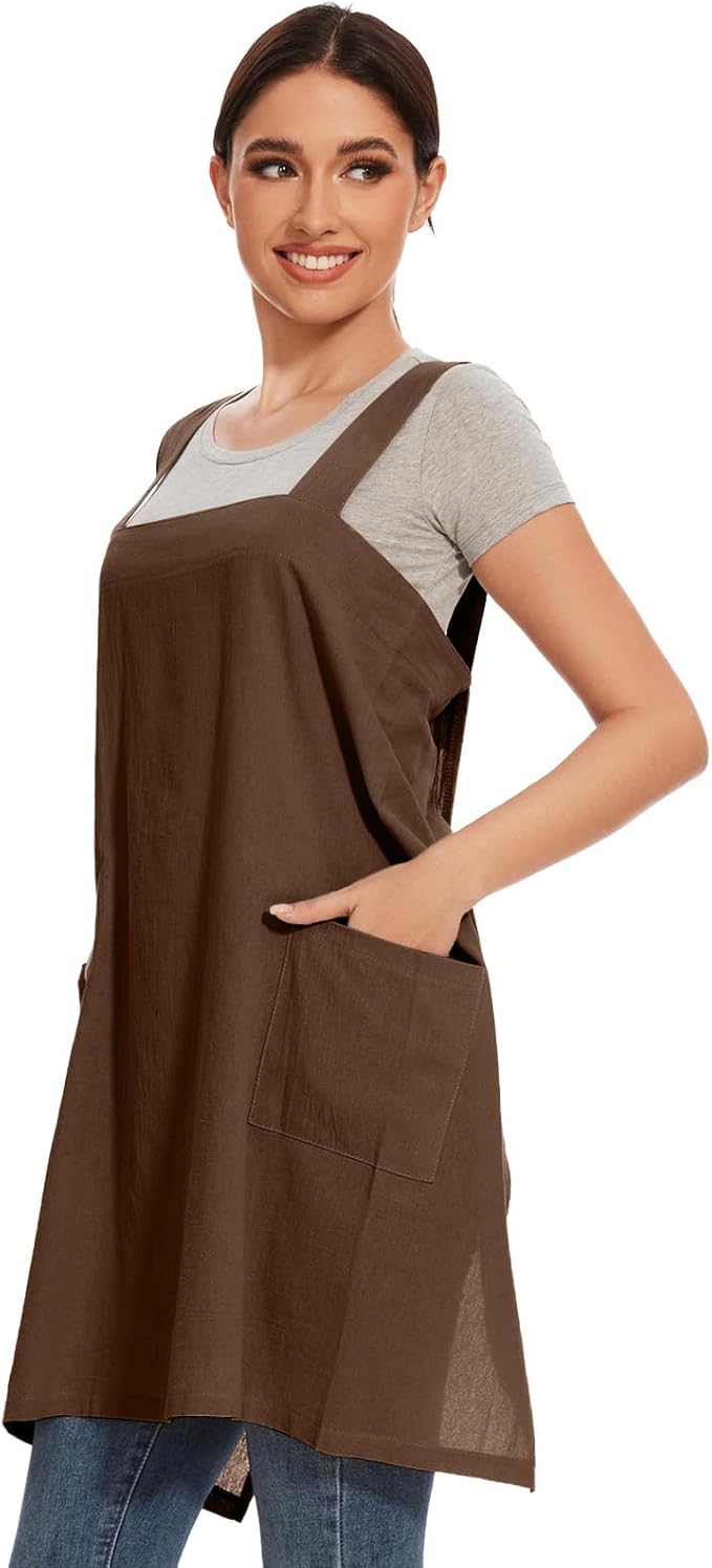 Women Apron with 2 Pockets Cotton Linen Kitchen Baking Cooking Chef Cross Back Pinafore Dress