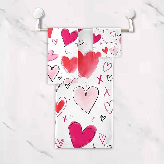 Doodle Romantic Pink Heart Towels Set of 3 Romantic Pink Red Love Spring Bathroom Towel Soft Absorbent Bath Hand Towels Washcloth Guest Towel Sets Mother's Valentine's Day Decorations