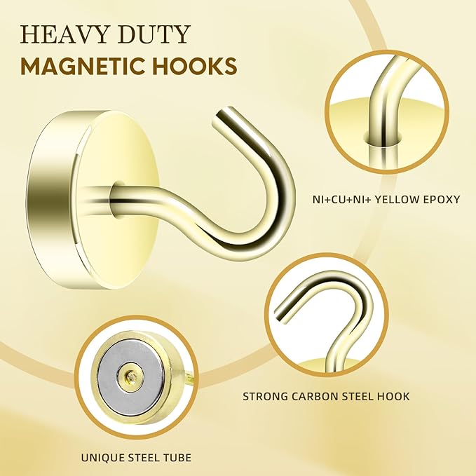 Neosmuk Magnetic Hooks, Cruise Ship Essentials, 40lb+ Heavy Duty Magnetic Hooks for Cruise Cabins, Refrigerator, Grill, Hanging, and Travel | Extra Strong Must-Haves Magnet Hook,Gold