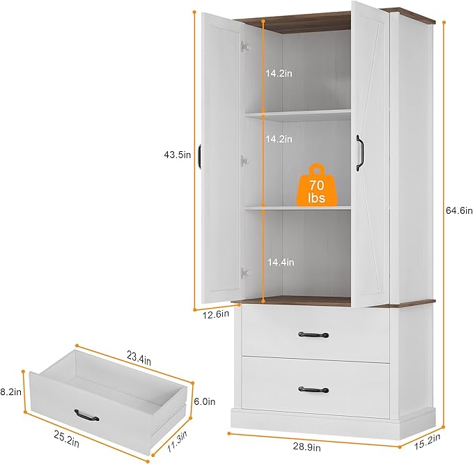GarveeHome Kitchen Pantry Cabinet, Farmhouse Storage Cabinet with Barn Doors, Drawers and Adjustable Shelves, Versatile Storage for Kitchen, Dining Room, Rustic White
