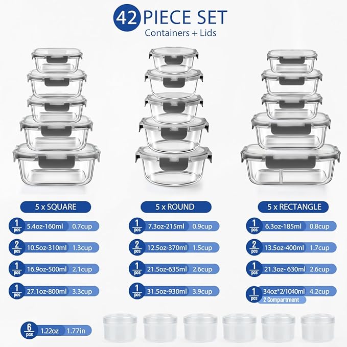 42pcs Glass Food Storage Containers with Lids Set, 21 Containers & 21 Lids Include One 2 Compartments Glass Meal Prep Containers with Snap Locking Lid Set, Leak Proof Lunch Container BPA-Free,Grey