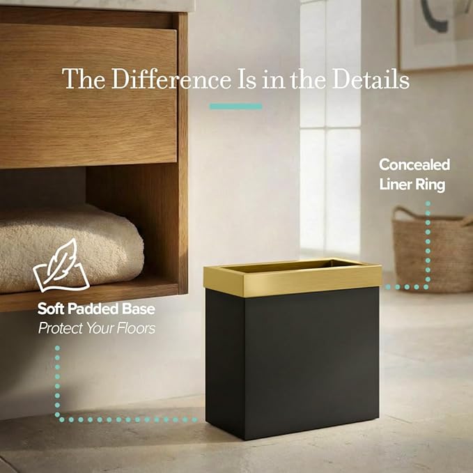 Gatco Small Bathroom Trash Can With Lid, Rectangle 3 Gallon Stainless Steel Wastebasket, Under Sink, Matte Black And Brushed Brass, For Bathroom, Bedroom, Office (1938)
