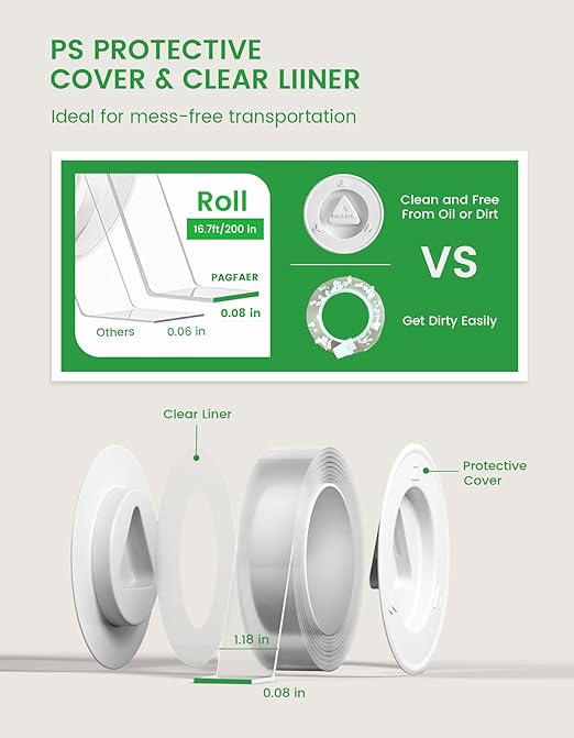Double Sided Tape Heavy Duty, Double Sided Mounting Nano Tape 16.4FT, Clear & Tough Two Sided Adhesive Tape, Removable Picture Hanging Strips for Wall, Poster, Carpet, Home Office, 2 Pack
