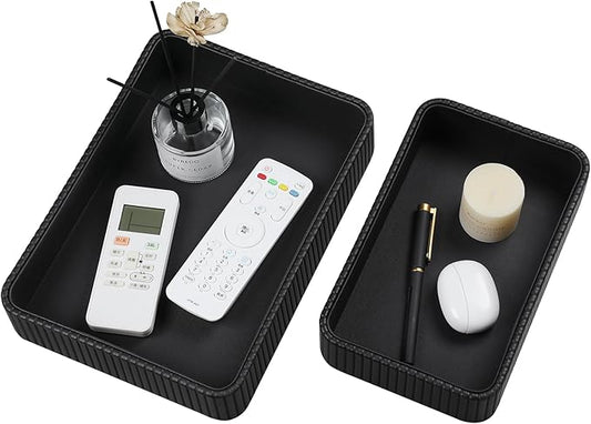 Desk Organizer Tray, PU Leather Nightstand Organizer Perfume Valet Tray for Men Women, Decorative Vanity Trays Trinket Dish Key Bowl for Entryway Table (2pcs, Black, Large+Small)