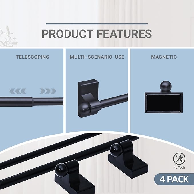 Adjustable Magnetic Rods for Metal Appliance, Doors, Windows,16 to 28 Inch/4 Pack/Easy Installation Toilet Towel Bar, Muti-Useful (Black, 4pack)