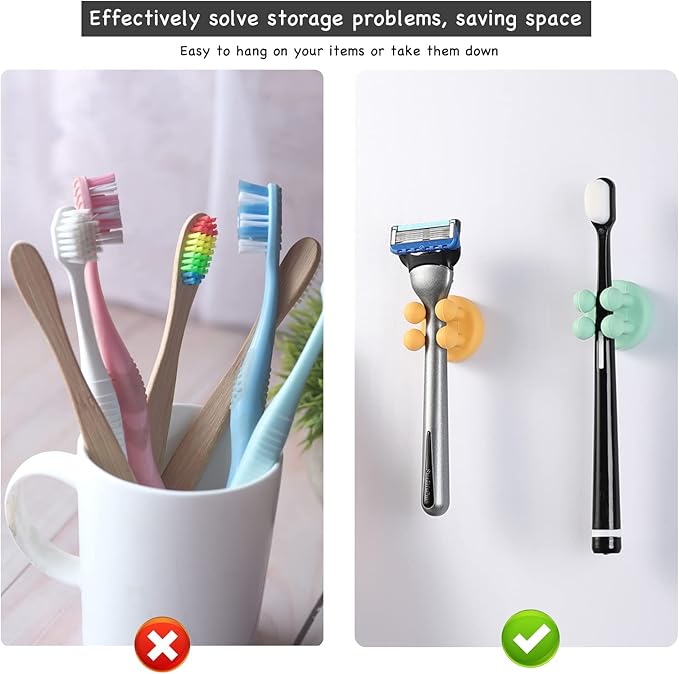 iBetterLife Bathroom Toothbrush Holders Wall Mounted - 4Pcs Silicone Tooth Brush Razor Holder for Shower Mirror Hanging Loofah Towel, Self Adhesive Cute Storage Hook for Kitchen Living Room Office