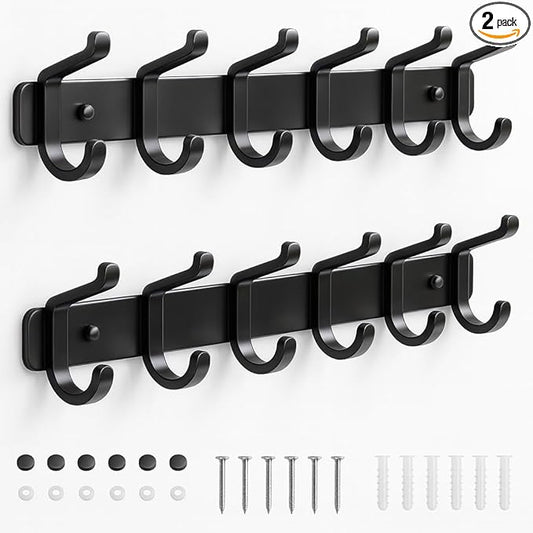 pickpiff Coat Rack Wall Mounted Heavy-Duty: Metal Coat Hanger 6 Hooks for Hanging Hat, Clothes, Robe, Keys, Backpack, Bathroom Towels, Jacket, Purse - Closet, Door, Entryway, Mudroom (Black, 2 Pack)