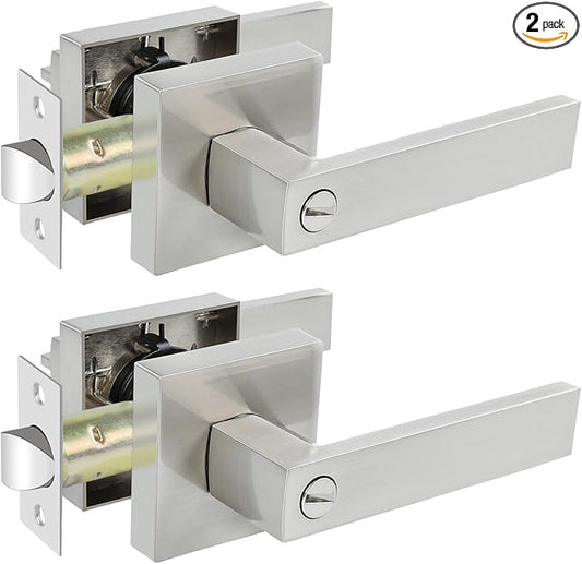 KAMOTA Privacy Door Levers, 2 Pack Satin Nickel Door Handles Bed and Bath Door Locks Interior Keyless Locksets, Left and Right Hand Reversible