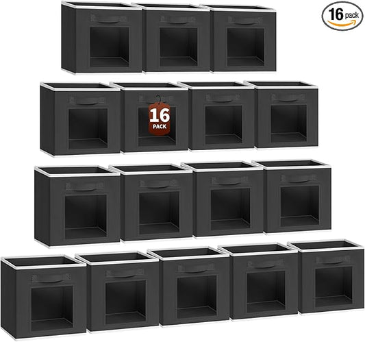 Foldable Storage Cubes - Square Organizer with Window, Decorative Baskets for Organizing, Fabric shelf Basket for Clothes, 11 Inch Closet Storage Cubes, Set of 16, Black
