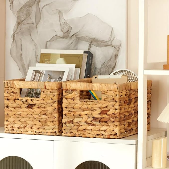 Wicker Storage Basket 2 Pack, Water Hyacinth Storage Baskets with Built-in Handles, Large Wicker Baskets for Storage & Organizing, Natural