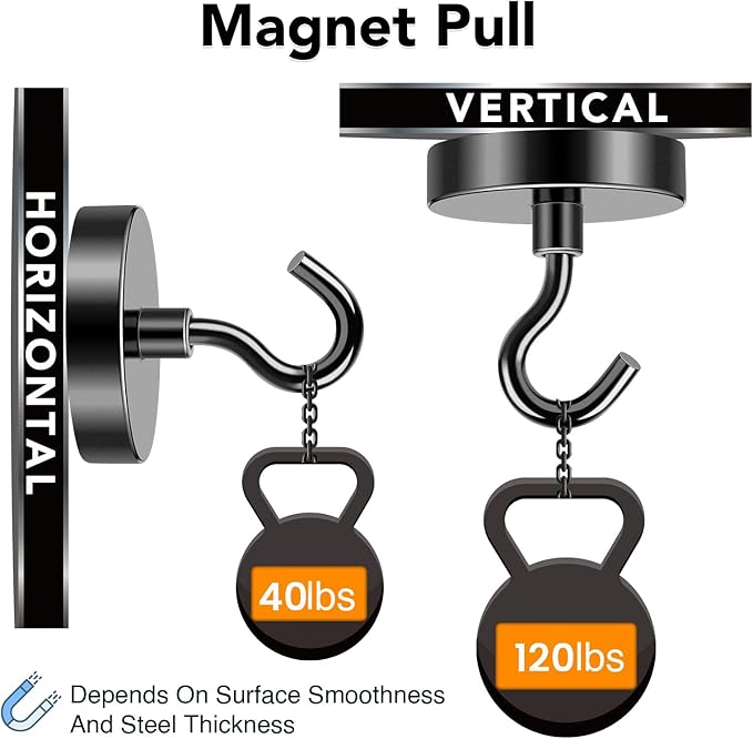 MIKEDE Magnetic Hooks Heavy Duty, 120LB+ Strong Magnet Hooks for Cruise Essentials, Neodymium Earth Magnet Hook for Hanging, Magnetic Metal Hanger for Cruise Cabins, Fridge, Toolbox, Storage - 4 Pack