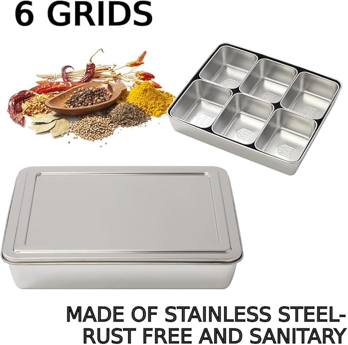 Japard Stainless Steel Seasoning Box with Lid, Food Storage Container with Tray Spice Organizer Jars, 6 Grids Spice Salt Sugar, Kitchen Utensils