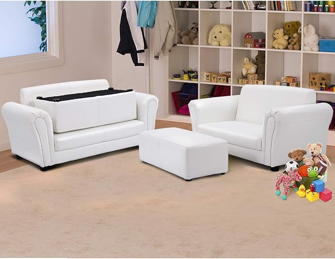 Costzon Kids Couch with Footstool, 2 in 1 Double Seat Children's Sofa w/PU Leather Surface, Armrest Chair Lounge, Soft Sofa for Preschool Bedroom Kids Room Toddlers Boys Girls Birthday (White)