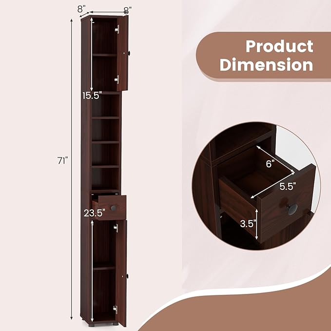 SIMOE Slim Bathroom Tall Cabinet - Freestanding Floor Storage Organizer with 2 Doors, 1 Drawer & 5 Adjustable Shelves, Hardwood Narrow Linen Tower for Small Spaces, 8"x8"x71"
