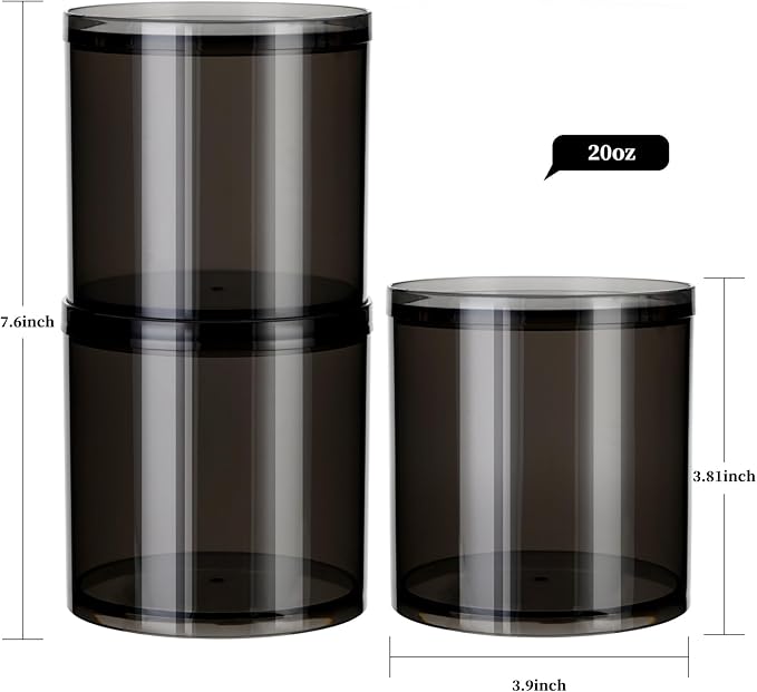 2Pack Stackable Black Plastic Container - 20 Ounce Round Vanity Storage Organizers with Lids for Hair Accessories & Beauty Supplies & bathroom container set