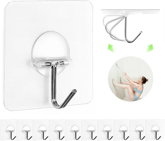 Adhesive Wall Hooks 13LB Heavy Duty, No Drill, Transparent Waterproof Hooks for Bathroom, Kitchen, Towel & Coat — 12 Pack