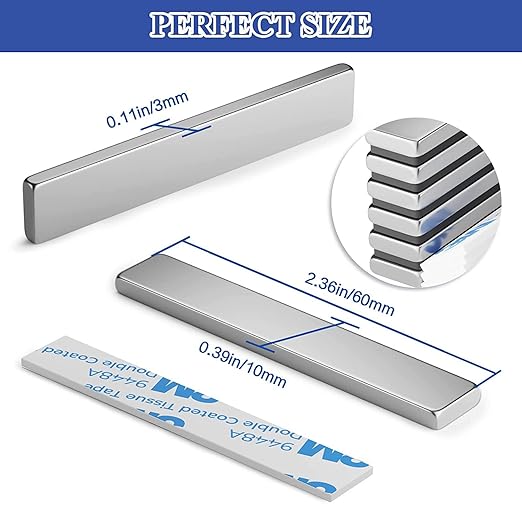 Grtard 8Pack Magnets Bar, Neodymium Magnet Strips Heavy Duty, Rare Earth Magnets with Double-Sided Adhesive for Fridge, Garage, Kitchen, Science, Craft, Office, DIY - 60 x 10 x 3 mm