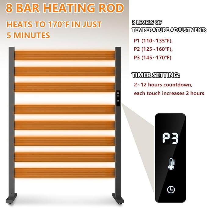 Towel Warmers for Bathroom, Heated Towel Racks, 8-Bar, Upgraded Extra-Wide Heating Area, Built-in Timer and Temperature Adjustment, Large Free-Standing Heated, Black