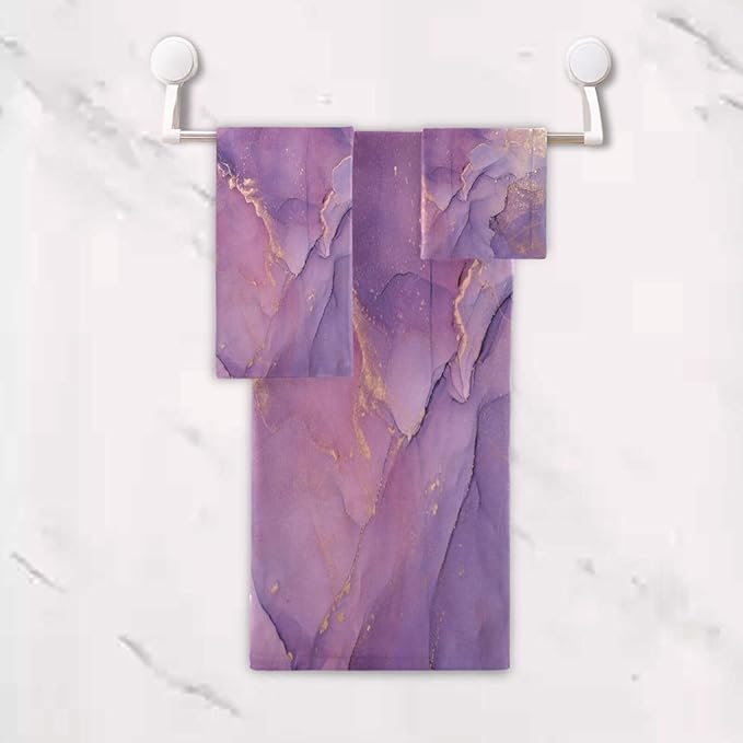 3 Piece Marble Bath Towels Set,Microfiber Absorbent Purple Gold Ombre Marble Texture Elegant Towels for Bathroom,1 Bath Towel,1 Hand Towel,1 Washcloth,Abstract Decorative Bathroom Towels