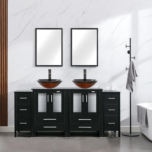 eclife 72" Modern Bathroom Vanity Sink Combo Freestanding Cabinet with Small Side Cabinet, Brown Square Glass Vessel Sink, Water Save Faucet, Drain (Black+A48)