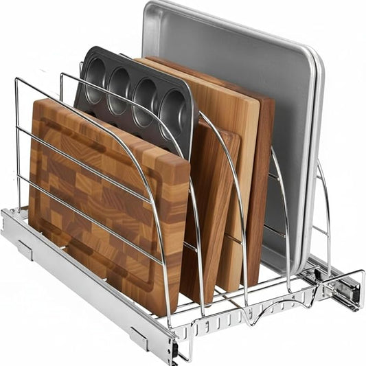 HOLDN’ STORAGE Pull Out Organizer for Bakeware, Cutting Board and Trays, Adjustable Dividers - Heavy Duty, Lifetime Limited Warranty - For Narrow Cabinet Spaces, 12.5”W x 21”D x 11”H, Chrome