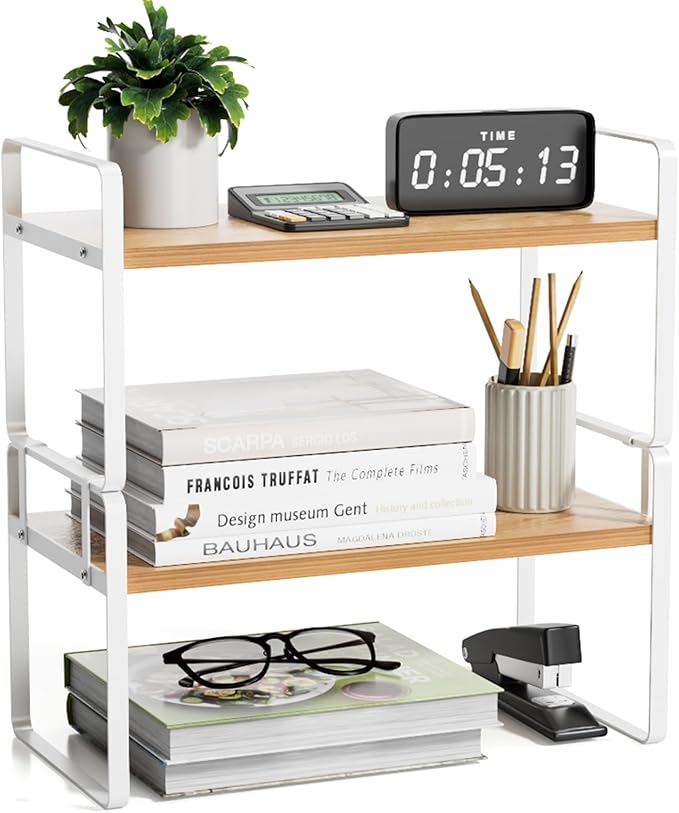 YGYQZ Desk Organizer Shelf，2 Tier Detachable Table Top Bookshelf, Freestanding Display Shelf for Office, Dormitory, Home,White+Wood