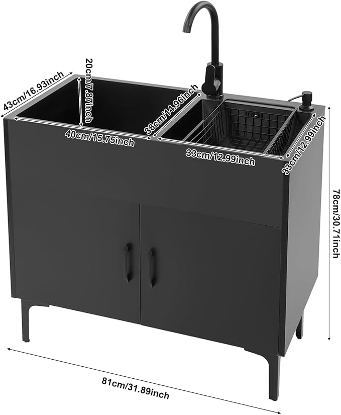 32-Inch Utility Sink Cabinet with 360° Swivel Hot/Cold Faucet, Laundry Sink with Cabinets and Stainless Steel Double Sinks, Freestanding Cabinet with Sink for Laundry&Utility Room, Kitchen, Bathroom