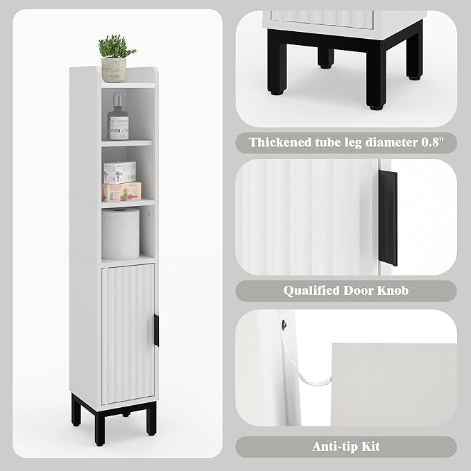 Small Bathroom Storage Cabinet, Corner Floor Cabinet with Door and Shelves, Narrow Toilet Paper Cabinet, Bathroom Organizer with Adjustable Shelf for Small Spaces, White, 5-Tier