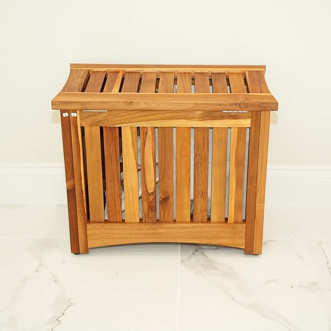 DecoTeak Solid Hamper in Natural Teak, Solid Bench in Natural Teak, 23 inch W x 12.5 inch D x 18.5 inch H