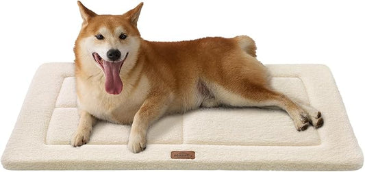 Reversible Dog Crate Pad Bed for Medium Small Dogs,Washable & Non-Slip Kennel Pet Mat, High Density Foam and Soft Fleece Cat Bed for Indoor & Outdoor Use, 35" x 23", Cream White