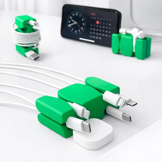 CordBrick Stocking Stuffers for Adults Cord Management Weighted Cord Holder Cable Wrap Phone Stand - Multiuse Gadget Organizer for Nightstand, Desk. Gift for Men, Durable Silicone. 4pk Green