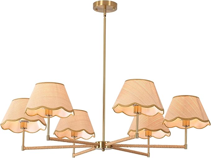 39" Adjustable Boho Rattan Chandelier - 6-Light Rustic Industrial Farmhouse Coastal Pendant Light Fixture for Kitchen Island, Dining & Living Room, Natural Wood Accents, UL Listed, E12 Base