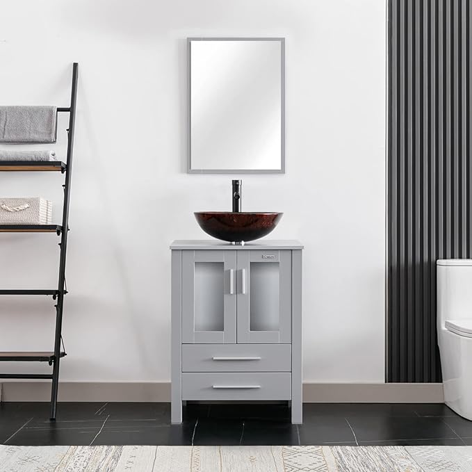 eclife 24" Modern Bathroom Vanity Sink Combo Freestanding Cabinet with Soft Closing Door, Brown Round Glass Vessel Sink, Water Save Faucet, Drain (Gray+A09)