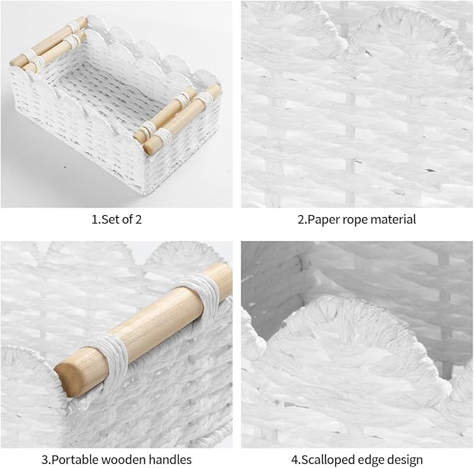 2 Pack Scalloped Wicker Basket Paper Rope Storage Baskets with Wooden Handles Hand-Woven Organizer Bin Wicker Storage Baskets for Organizing, Home Decor (White)